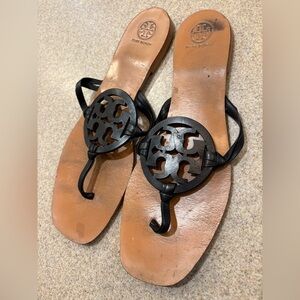 Tory Burch Miller Square Toe Black and Tan Thong Sandals 10.5